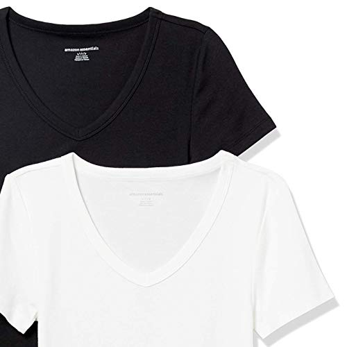 Amazon Essentials Women's Slim-Fit Short-Sleeve V-Neck T-Shirt, Pack of 2, Black/White, X-Large