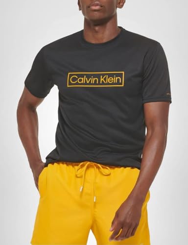 Calvin Klein Men's Standard Light Weight Quick Dry Short Sleeve 40+ UPF Protection Active Top, Black Logo, XX-Large