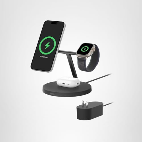 Belkin MagSafe-Compatible Charger, 3-in-1 Wireless Charging Station, Qi2-Certified 15W Wireless Charge for Apple iPhone 17 Series, Apple Watch, AirPods w/Non-Slip Base, 40W Included - Black