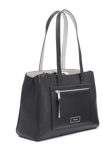 Calvin Klein Women's Hadley Tote Bag – 2 in 1, Vegan Leather, 5 Pockets, Black/Dove, One Size