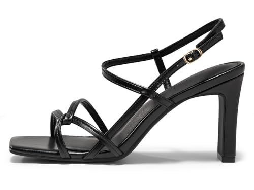 Coutgo Womens Chunky High Heels Strappy Sandals Square Open Toe Ankle Strap Wedding Party Dress Shoes, Black, Size 8