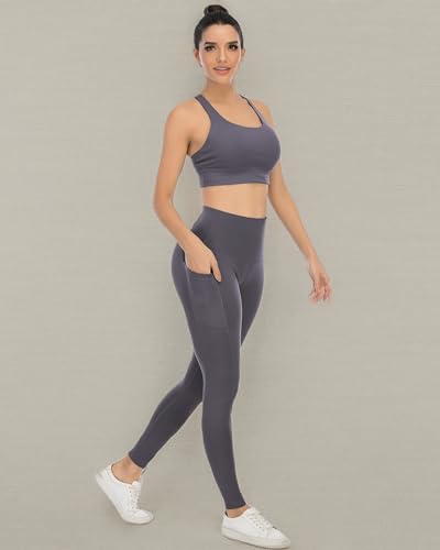 YOUNGCHARM 4 Pack Leggings with Pockets for Women,High Waist Tummy Control Workout Yoga Pants BlackDGrayNavyBurgundy-L