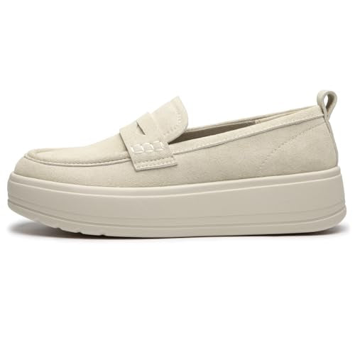 Rihero Slip On Womens Loafers Comfortable Casual Loafer Shoes Trendy Round Toe Platform Shoes for Work Walking Beige Size 8