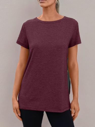 AUTOMET Women's Soft Basic Short Sleeve T-Shirt, Round Neck Top Casual Tee for Spring Summer Beach Vacation Wear 02winered L