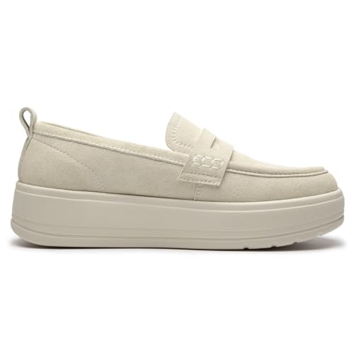 Rihero Slip On Womens Loafers Comfortable Casual Loafer Shoes Trendy Round Toe Platform Shoes for Work Walking Beige Size 8