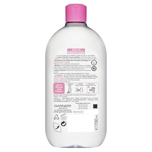 Garnier Micellar Cleansing Water 700ml, Gentle face cleanser & Make up Remover, Suitable For All Skin Types Including Sensitive Skin, Soothing Formula, Dermatologically Tested