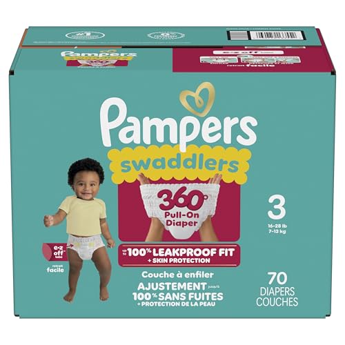 Pampers Diapers - Swaddlers 360° - Size 3, 70 Count, up to 100% Leakproof Comfy Dry Fit, Designed for Easy Changes, Pull On Baby Diaper (Packaging May Vary)