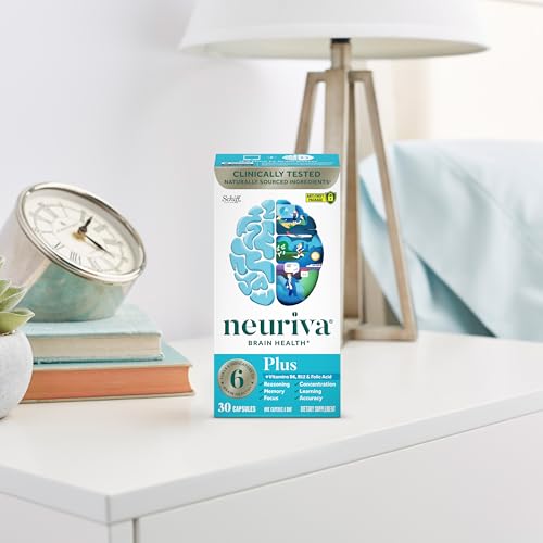 NEURIVA Plus Brain Supplement for Memory and Focus Clinically Tested Nootropics for Concentration for Mental Clarity, Cognitive Enhancement Vitamins B6, B12, Phosphatidylserine 30 Capsules