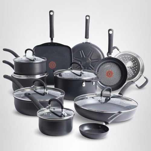 T-Fal Ultimate Hard Anodized Nonstick Cookware Set 17 Piece, Nonstick Pots and Pans Set with Fry Pan, Saucepans, Saute-Pan, Griddle, Dishwasher Safe, Black