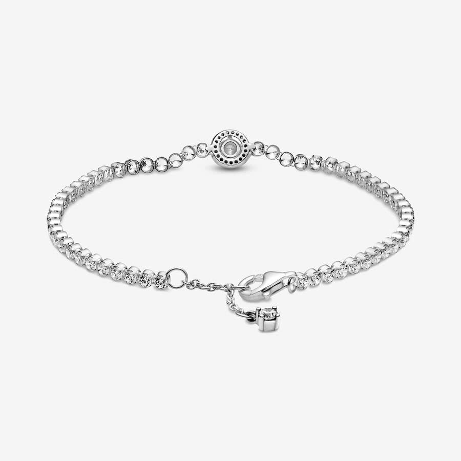 PANDORA Sparkling Halo Tennis Bracelet - Silver Bracelet for Women - Features Sterling Silver & Cubic Zirconia - Gift for Her - 6.3", With Gift Box