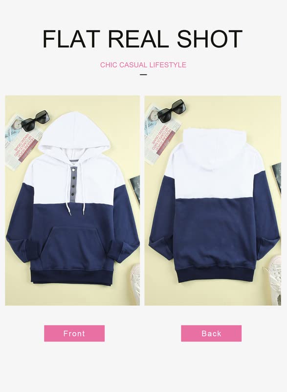 Dokotoo Womens Sweatshirt Ladies Fall Tops Fashion Hoodies Sweatshirts for Women Long Sleeve Hooded Pullover with Pockets Button Collar Fleece Casual Color Block Winter Shirts Tops Blue White S