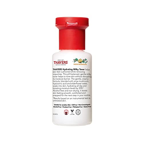 THAYERS Milky Hydrating Face Toner with Snow Mushroom Tremella, Hyaluronic Acid and Elderflower, Dermatologist Recommended Gentle Alcohol Free Skincare for Dry & Sensitive Skin, Paraben Free, 3 Fl Oz