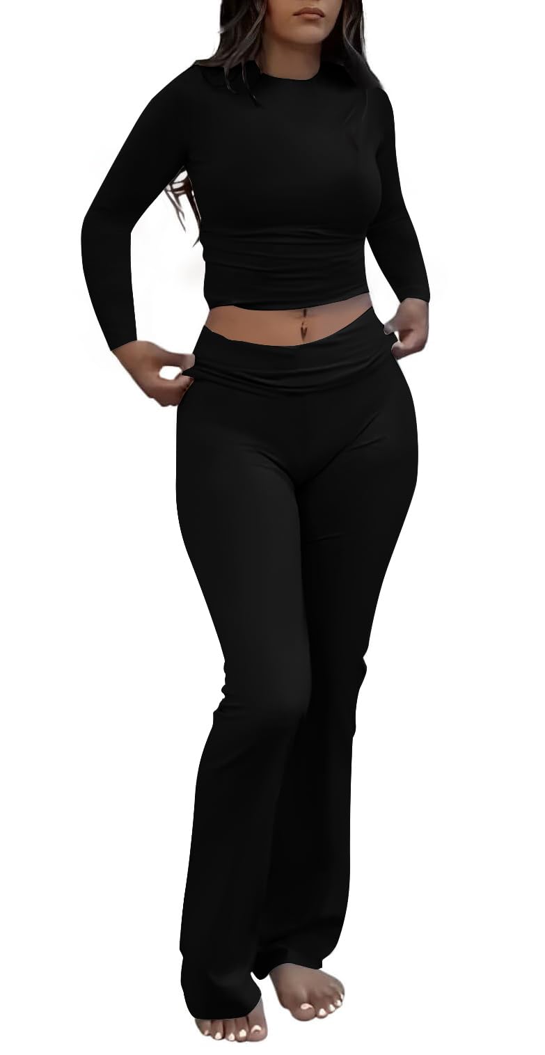 AYWA Women's 2 Piece Outfits Foldover Flare Pants Long Sleeve Crew Neck T-shirt Fitted Pajama Sets (Jet Black, Medium)