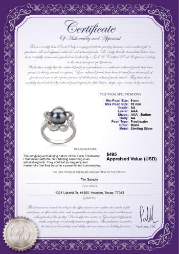 Fiona Black 9-10mm AA Quality Freshwater 925 Sterling Silver Cultured Pearl Ring For Women - Size-6