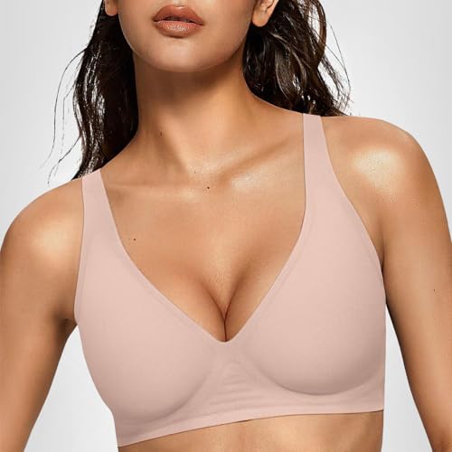 OEAK Womens Deep V Bras Wireless Comfortable Bra Supportive No Underwire Bras Tshirt Push Up Bralettes Plunge Seamless Bra Nude M