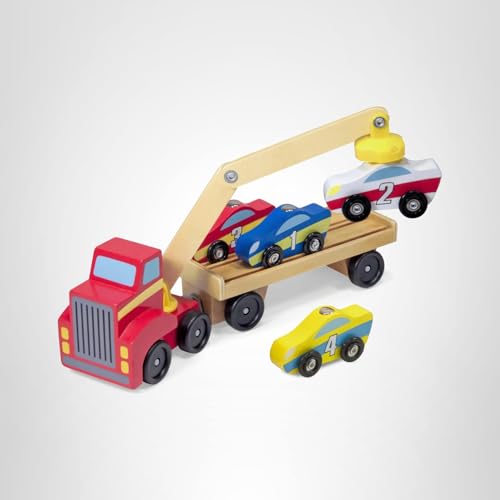 Melissa & Doug Magnetic Car Loader Wooden Toy Set with 4 Cars and 1 Semi-Trailer Truck Crane Wooden Toy, Vehicle Toys for Kids Ages 3+