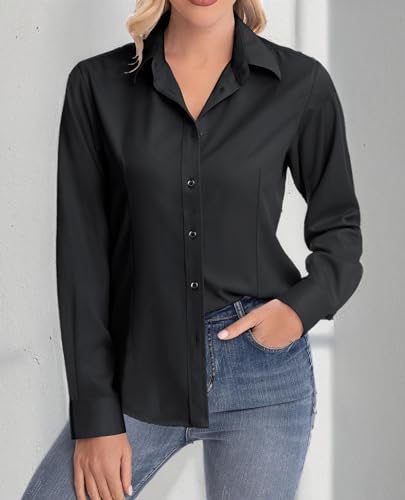 siliteelon Womens Classic-Fit Dress Shirts Long Sleeve Button Down Wrinkle-Free Stretch Solid Casual Work Office Blouse Top Black Medium