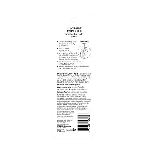Neutrogena Hydro Boost Hydrating Concealer Stick, Oil-Free, Lightweight Cover-Up Makeup with Hyaluronic Acid Refreshes Dry Skin & Provides Buildable Coverage, 10 Fair, 0.12 Oz
