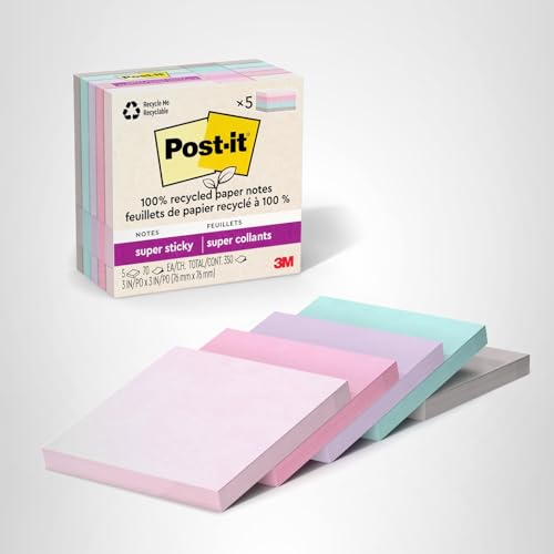 Post-it 100% Recycled Paper Super Sticky Notes, 3 in. x 3 in., 5 Pads, 70 Sheets per Pad, Wanderlust Pastels, New Year Organization or Second Semester School Supplies