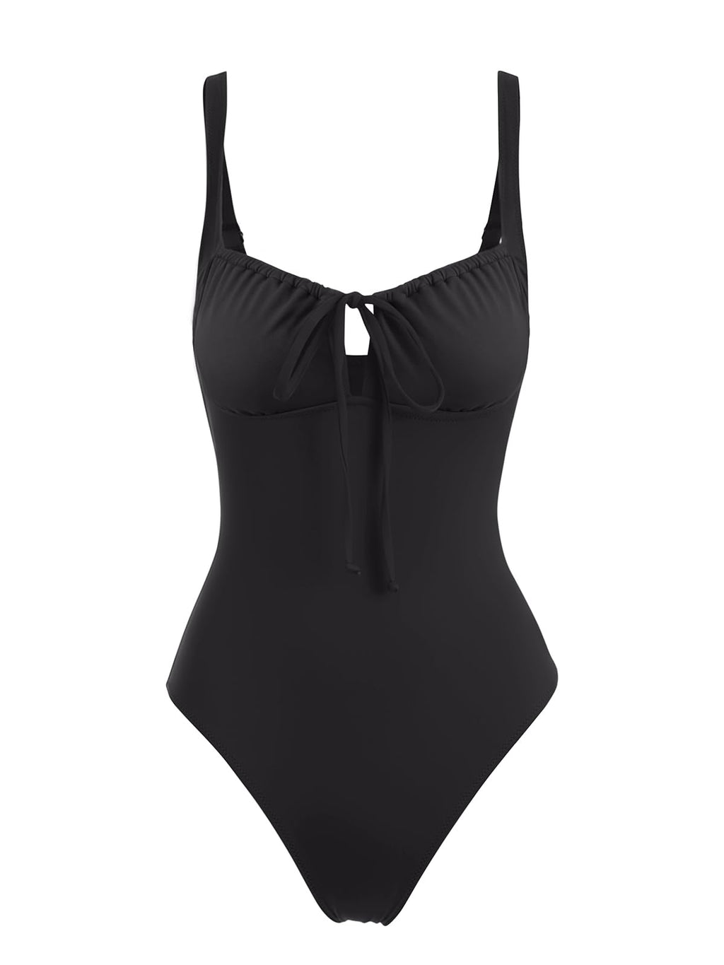 LASLULU Women One Piece Swimsuit Tummy Control Bathing Suit Padded Sweetheart Neck Swim Suits with Cutout Tie Black Medium