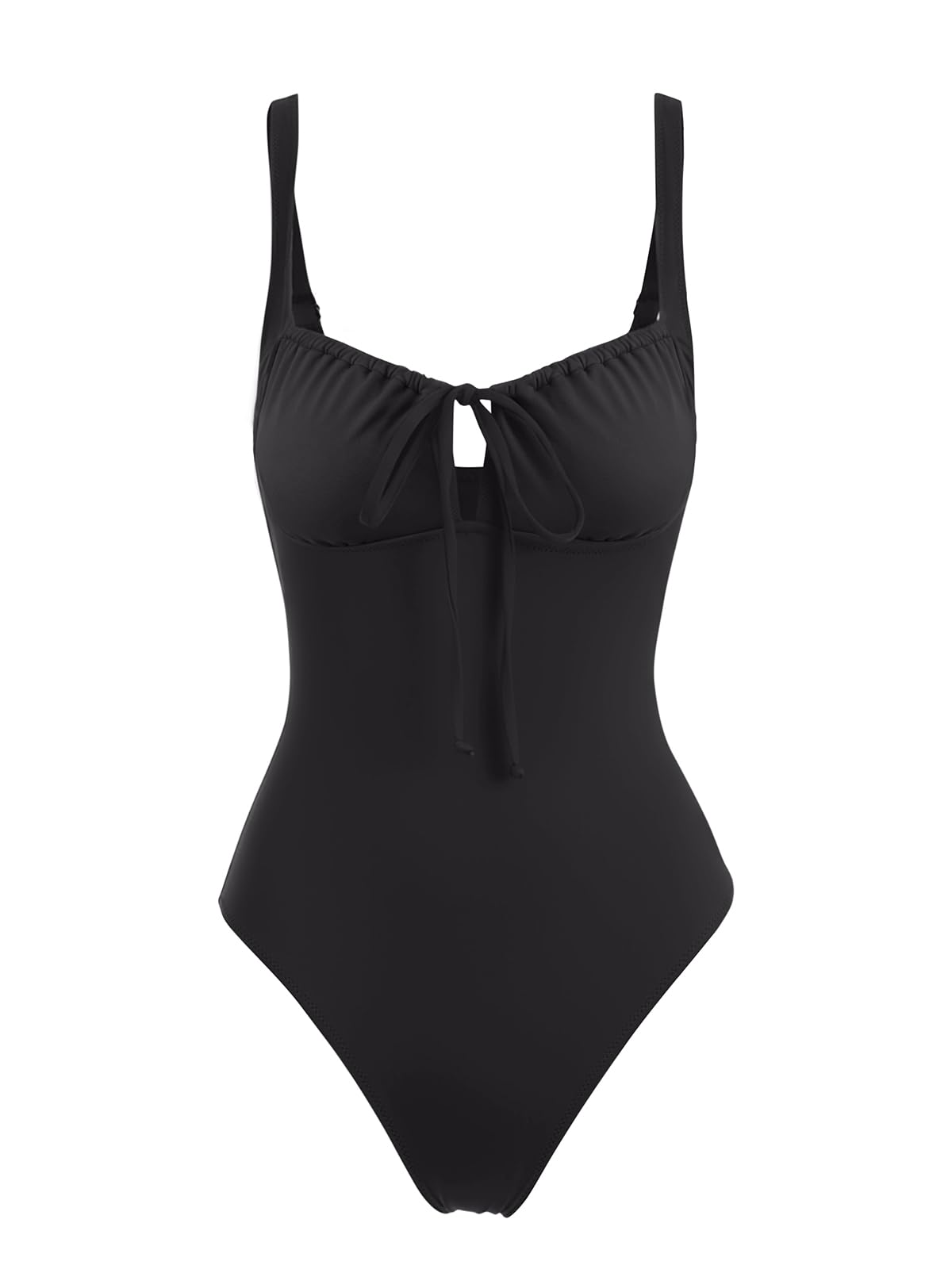 LASLULU Women One Piece Swimsuit Tummy Control Bathing Suit Padded Sweetheart Neck Swim Suits with Cutout Tie Black Medium