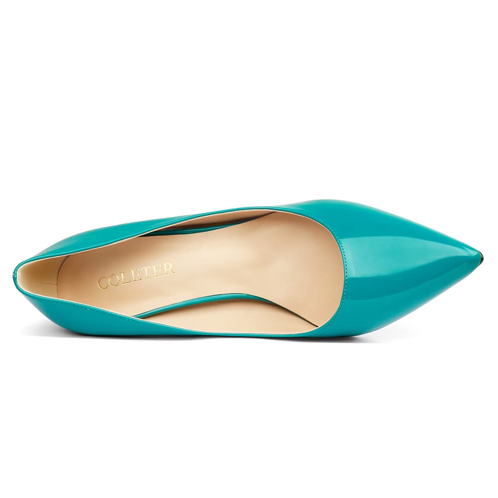 COLETER Women's 4 Inch Pumps Pointy Toe Wedding Dress Shoes Slip on Stiletto Pumps Patent Teal 11US