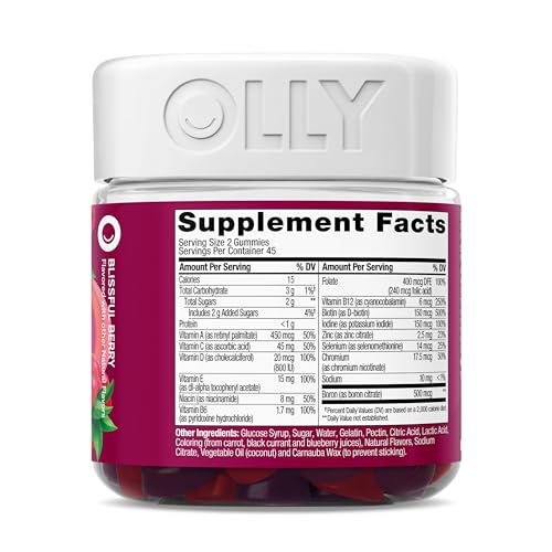 OLLY Women's Multivitamin Gummy, Vitamins A, D, C, E, Biotin, Folic Acid, Adult Chewable Vitamin, Berry Flavor, 45 Day Supply - 90 Count