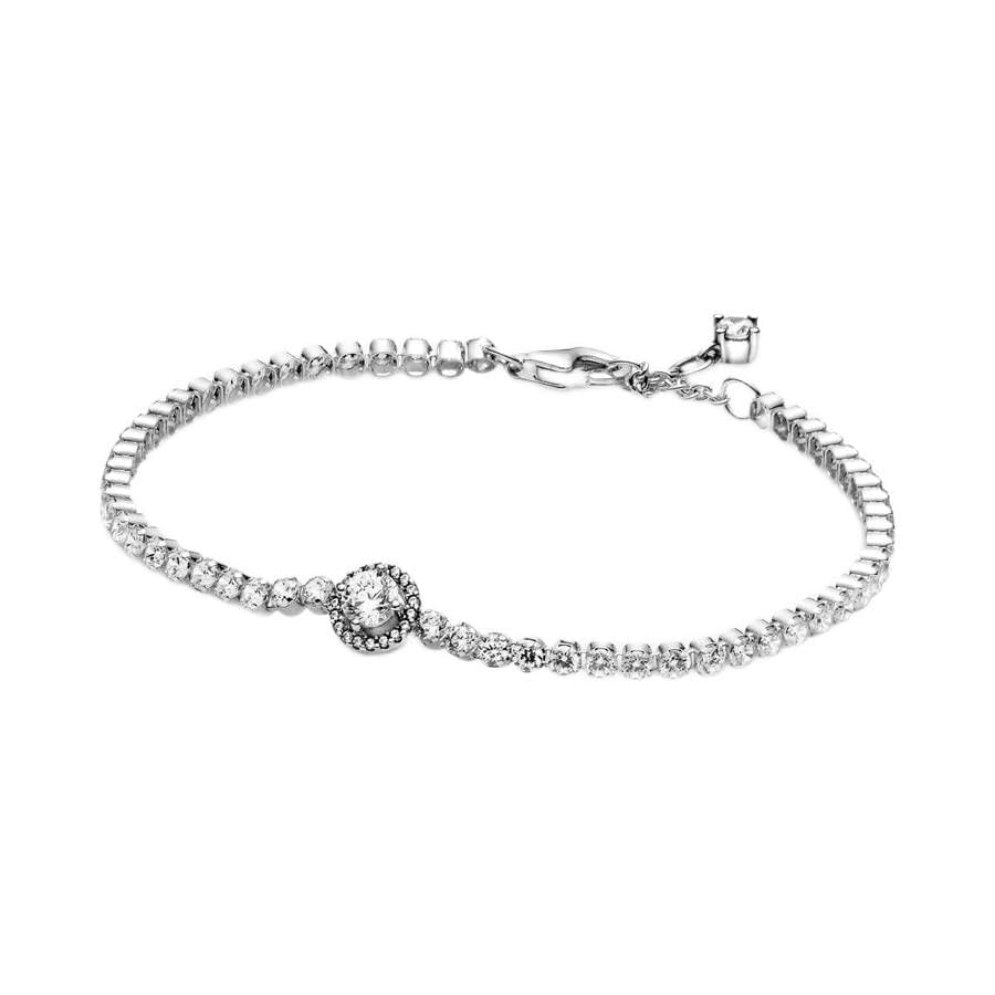 PANDORA Sparkling Halo Tennis Bracelet - Silver Bracelet for Women - Features Sterling Silver & Cubic Zirconia - Gift for Her - 6.3", With Gift Box
