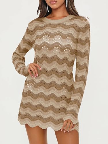 YUNLORIA Women's Crochet Colorful Mesh Summer Long Sleeve Cover Ups Casual Striped Beach Wear Knit Mini Dresses