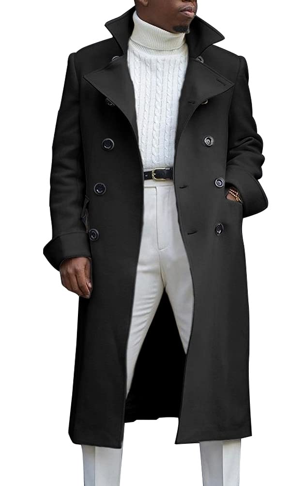 chouyatou Men's British Style Double Breasted Heavyweight Mid Long Wool Pea Coat (Large, Black)