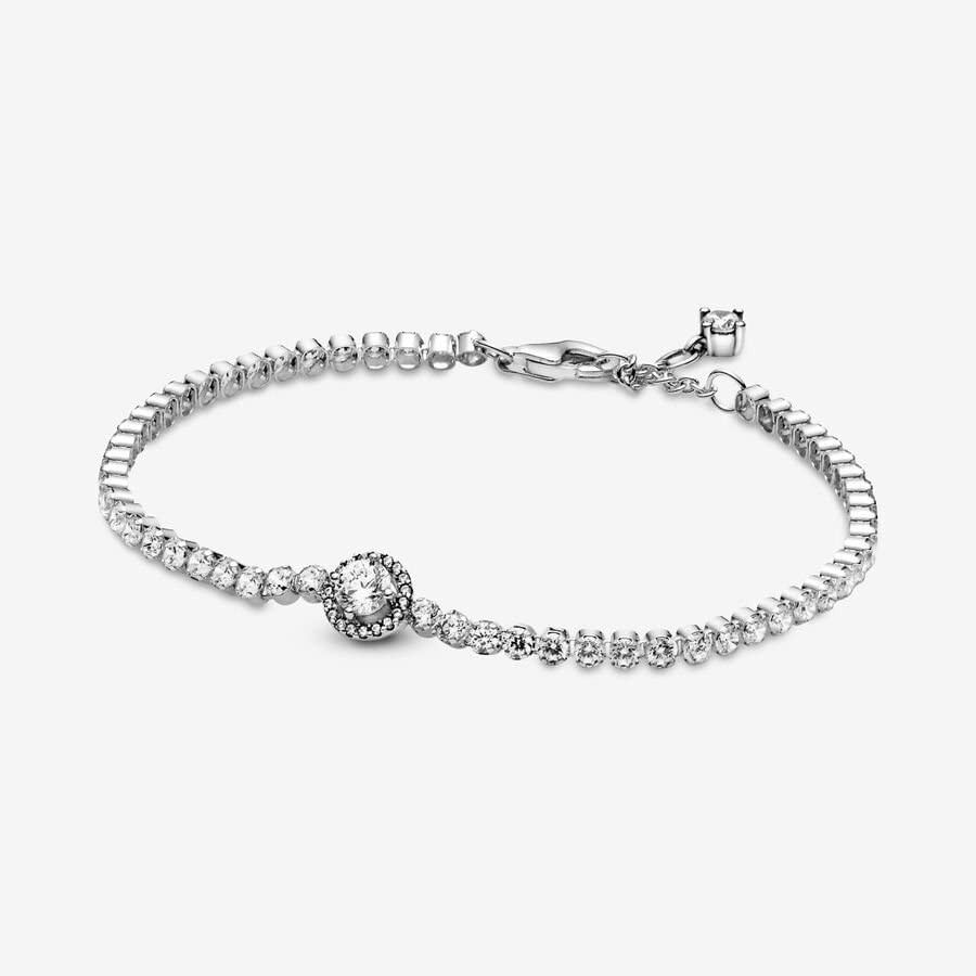 PANDORA Sparkling Halo Tennis Bracelet - Silver Bracelet for Women - Features Sterling Silver & Cubic Zirconia - Gift for Her - 6.3", With Gift Box