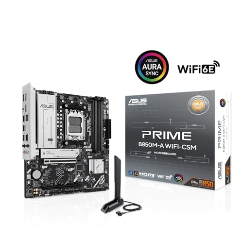 ASUS Prime B850M-A WiFi-CSM AMD AM5 B850 mATX Motherboard, DDR5, PCIe 5.0 Ready, 3X M.2, Wi-Fi 6E, 2.5Gb LAN, DisplayPort, HDMI™, USB Type-C®, ASUS Control Center Express Remote IT Management