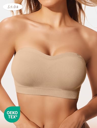 LetsJoli Push Up Strapless Bras for Women Supportive Bandeau Bra Non Slip Wireless No Underwire Padded Tube Bra(Nude,M)