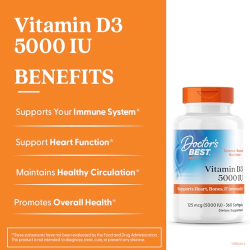 Doctor's Best Vitamin D3 5000 IU Softgels for Men & Women - Vitamin D Supplement for Immune System & Heart Health Support, 125 mcg per Serving, VIT D 3, Non GMO, Gluten Free, Soy Free - 360 Softgels