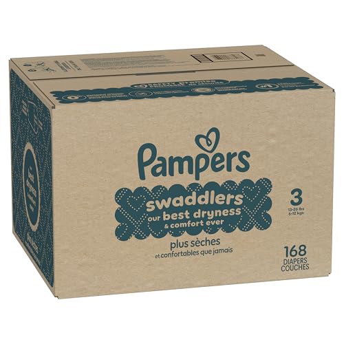 Pampers Swaddlers Diapers, Size 3 (13-26 lbs), 168 Count, Absorbent, Keeps Baby Dry and Comfortable, Skin Safe Disposable Baby Diaper