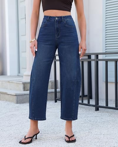 GRAPENT High Waisted Jeans for Women Cute Womens Trendy Barrel Leg Stretchy Baggy Barrel Jeans Cropped Denim Pants, Darkness Blue, S, US Size 4 to 6