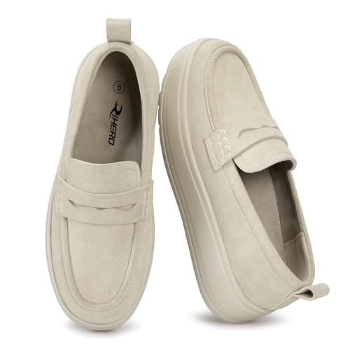 Rihero Slip On Womens Loafers Comfortable Casual Loafer Shoes Trendy Round Toe Platform Shoes for Work Walking Beige Size 8