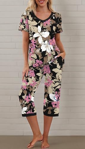 PrinStory Womens Pajama Sets Summer Ladies Pjs 2 Piece Loungewear Capri with Pockets 2XL,FP-Big Leaf Pink