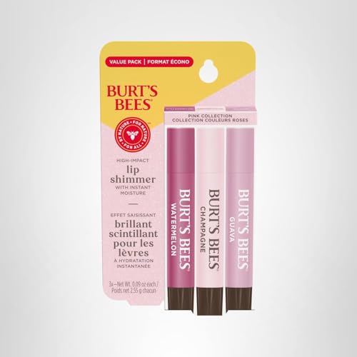 Burt's Bees Lip Shimmer Pink Collection for Valentine's Day Gifts, Tinted Lip Balm Stick, Moisturizing for All Day Hydration with Natural Glowy Pigmented Finish & Buildable Color, Value Pack, 3 Tubes