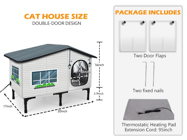 GASUR Weatherproof Heated Cat House for Outside Cats, Outdoor Cat House with Cats Heated Pad for Winter, Insulated Heating Cat Houses, Elevated Safe Feral Cat Houses Heat Cat Shelter (20"x17"x16")