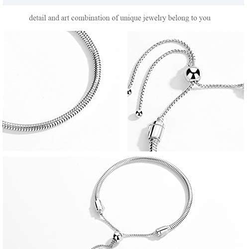 Bolenvi European Charm Bracelet - Adjustable 3mm 925 Sterling Silver Snake Chain for Charms, Compatible with Pandora Beads & Pendants - Clip On/Off Sliding Bracelet