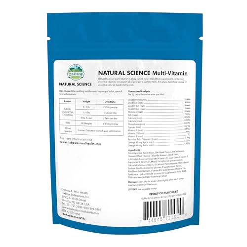 Oxbow Natural Science Multi-Vitamin, High Fiber Supplement for Rabbits & Guinea Pigs, Made with Timothy Hay, Multi-Pet Households, Omega 3 & 6 Fatty Acids, Made in USA, 4.2 oz Bag