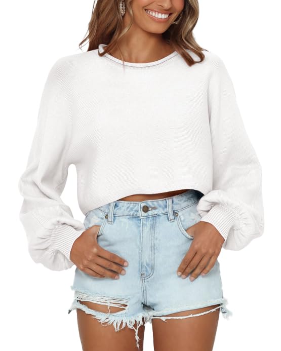 Imily Bela Womens Crewneck Cropped Sweaters 2023 Fall Slouchy Lantern Long Sleeve Trendy Loose Knit Y2K Pullover Sweater White