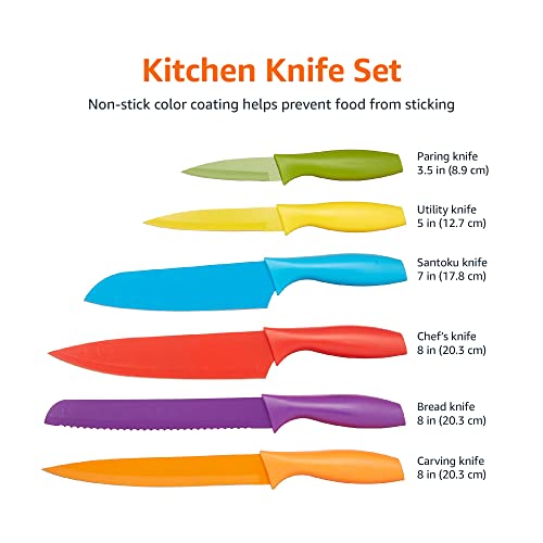Amazon Basics Color-Coded Dishwasher Safe Kitchen Knife Set, 12-Piece with Ergonomic Handles, Non-stick Sharp Blades, 6 Knives with 6 Blade Guards, Multicolor, 13.88 x 4.13 x 1.38 inch