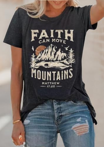 Faith Can Move Mountains Shirt Women Letter Printed Summer Vacation Tee Mountain Adventure Hiking Camping Shirt (Small, Grey)