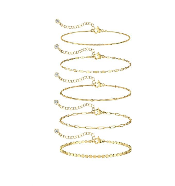Dainty 14K Gold Plated Bracelets for Women, Stackable Satellite Paperclip Lip Bracelet Set Tiny Lip Dot Chain Box Link for Handmade Gift Minimalist Cute Trendy Jewelry Gold Accessories for Women