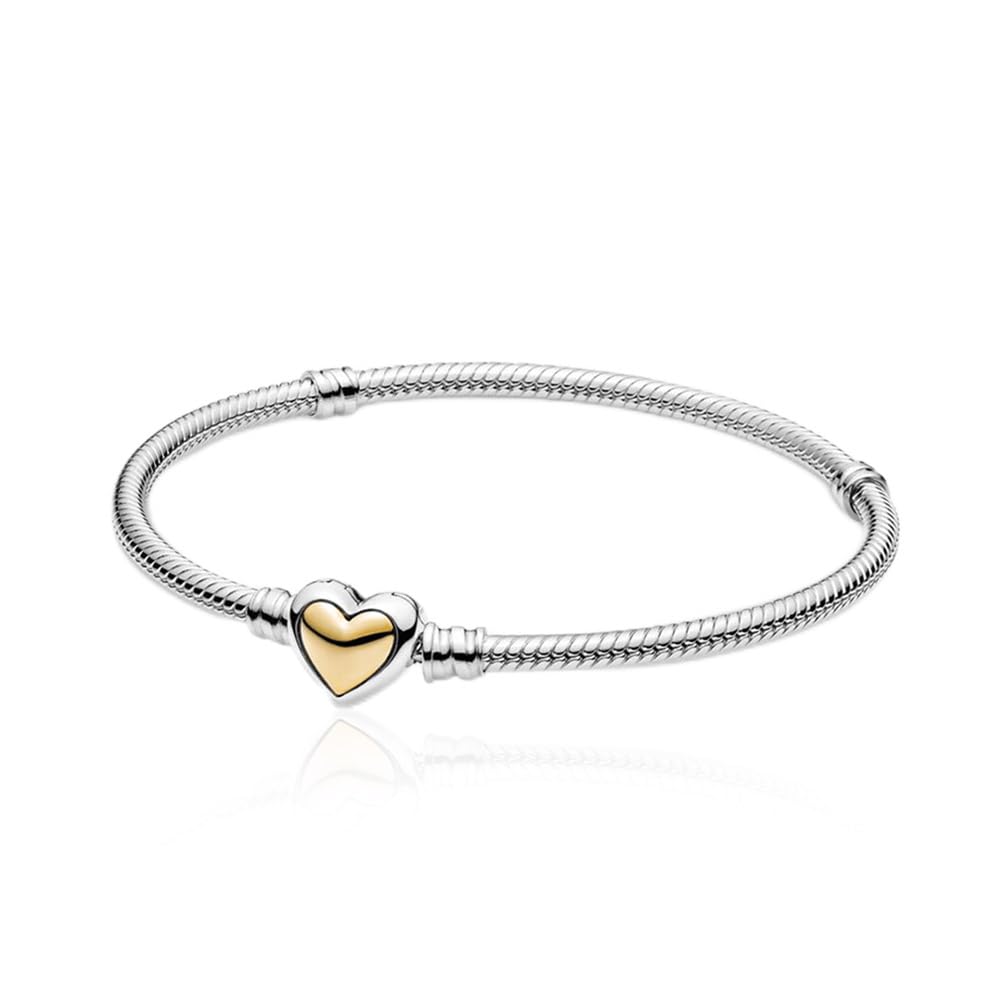 Annmors 925 Sterling SIlver Snake Chain Bracelet with Arch-shaped Gold Heart Clasp Compatible with Women's Bangle Charm & Pendants