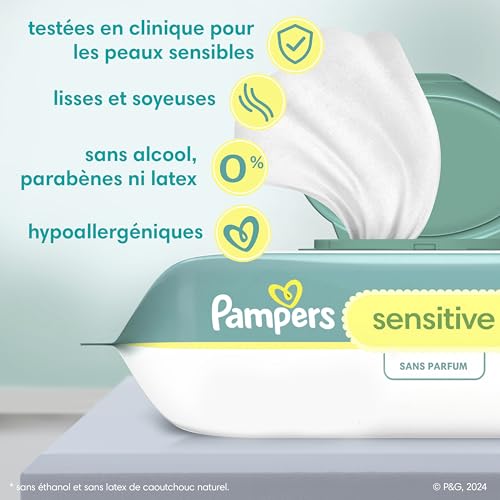 Pampers Baby Wipes Sensitive, Water Based Hypoallergenic and Unscented 504 Total (6 Flip-Top Packs)