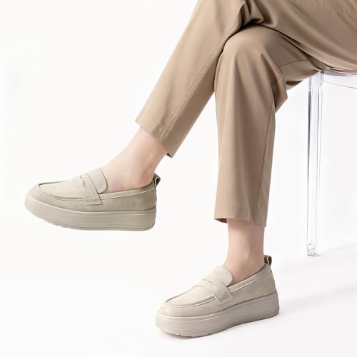 Rihero Slip On Womens Loafers Comfortable Casual Loafer Shoes Trendy Round Toe Platform Shoes for Work Walking Beige Size 8