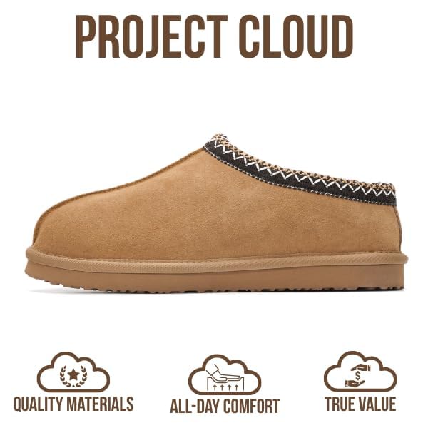 Project Cloud Mens Slippers 100% Genuine Leather with Australian Shearling Lining & Memory Foam Insole Outdoor & House Slippers for Men - Non-Slip Fuzzy Mens Shoes(Relaxation, CHSTNUT, 11.5) Chestnut